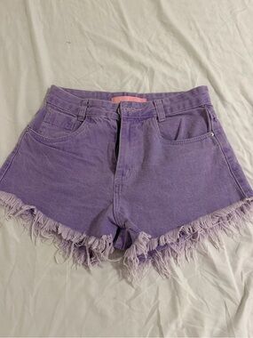 Zena Lavender High-Waist Frayed Hem Denim Shorts